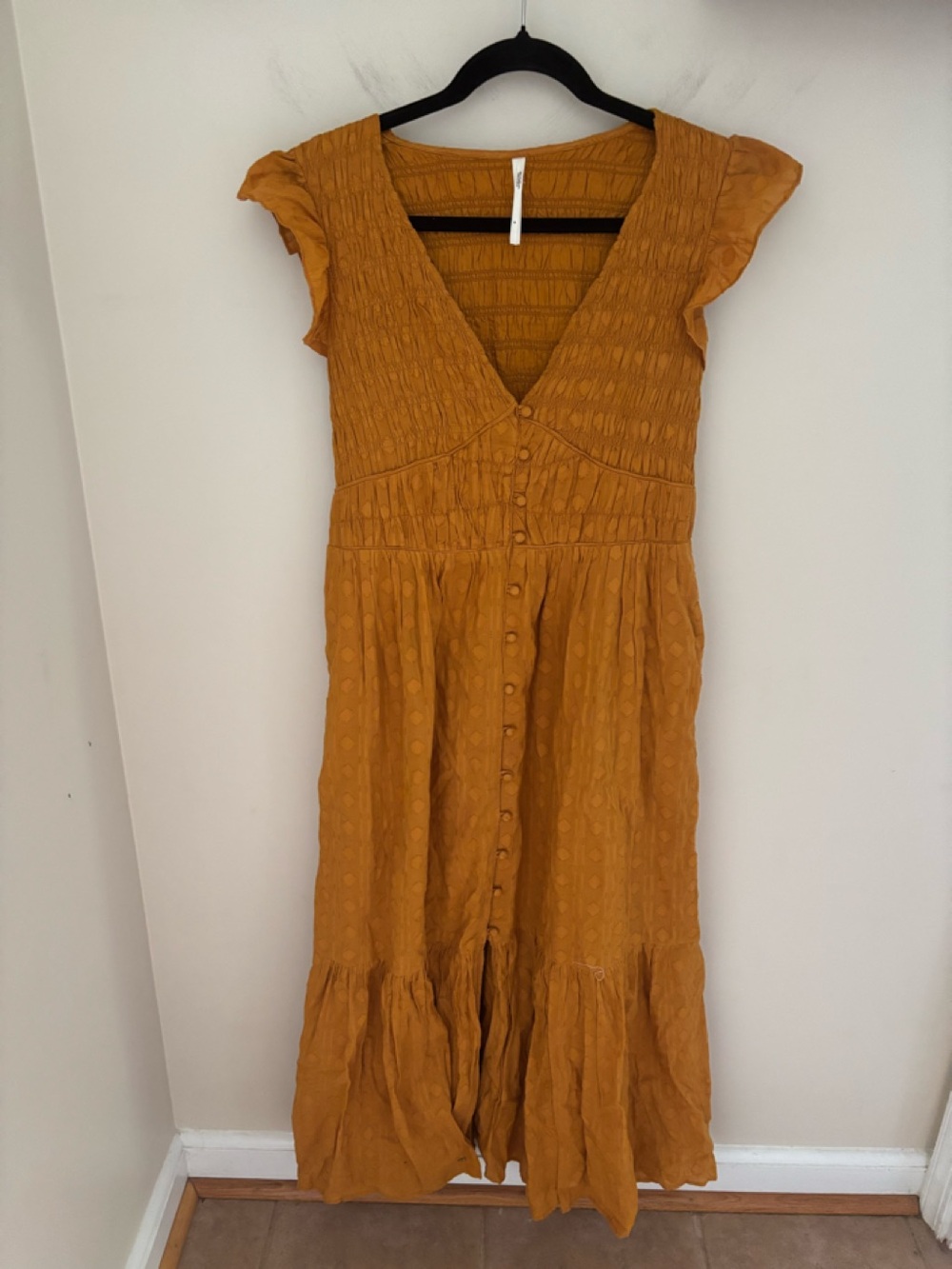 Anthropologie The Peregrine Midi Dress Mustard Marigold Yellow Smocked Boho Sz M - Picture 4 of 7